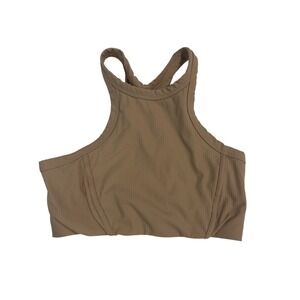 LASLULU Tan Ribbed High Neck Sports Bra Racerback Crop Top Large